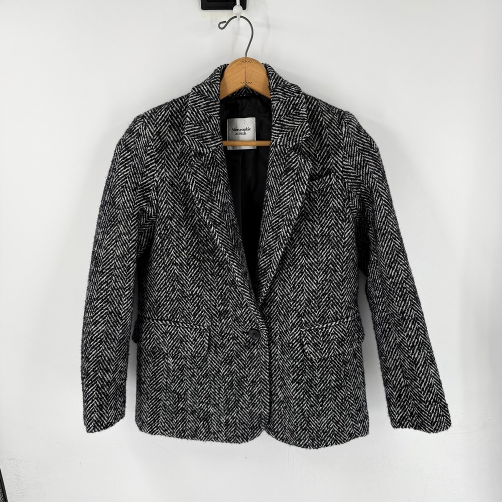 Abercrombie & Fitch Herringbone Wool Blend Blazer Black White XS Coat Jacket